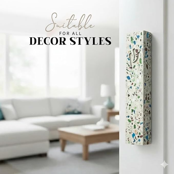 SURI Mezuzah with Printed Scroll for Door – 5 Inch Terrazzo Cream and Turquoise Mezuzah Case, Self-Stick Modern Mezuza Cover, Fits a 4 Inch Scroll, Gift Box Included