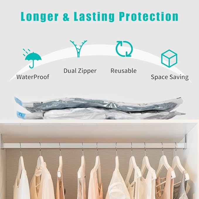 Vacuum Storage Bags, 10 Pack with Electric & Manual Pump, Space Saver Compression Bags for Clothes, Blue and White, Nylon, 4 Medium 4 Large 2 Jumbo, (Electric Pump)