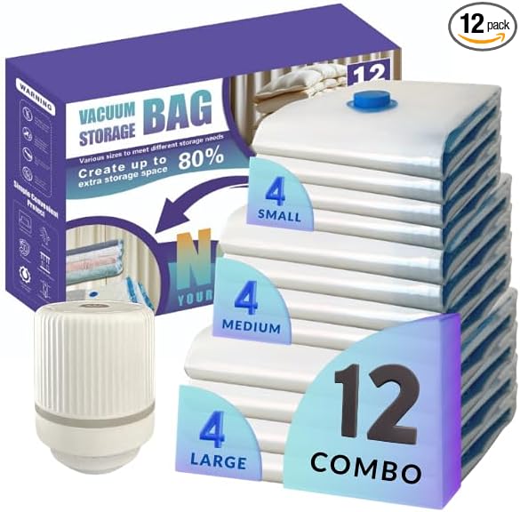 12 Pack Vacuum Storage Bags with Electric Pump, Compression Space Saver for Comforters, Bedding, Blanket Storage, Vacuum Seal Bags for Clothing, Luggage and Closet Organizer,