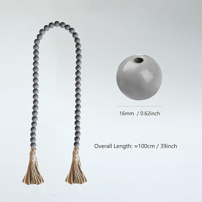 Boho Decor Wood Beads Garland Farmhouse Wall Hanging Decorations Natural Wooden Bead Tassel Decorative for Coffee Table Christmas and Prayer (Gray, 58")