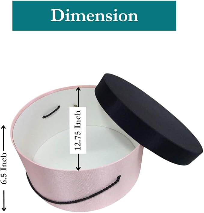 Sarah's Hat Boxes Classic Pink/Black Hat Box – 12.75" x 6.5" (Dia. x Ht.) Handmade in USA – Odorless Non-Toxic Adhesive, Cording Handle – Premium Storage for Hats & Accessories