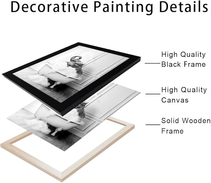 Framed Bathroom Art Wall Decor Elephant in Bathtub Decor Funny Black and White Animal Canvas Print Paintings for Bathroom
