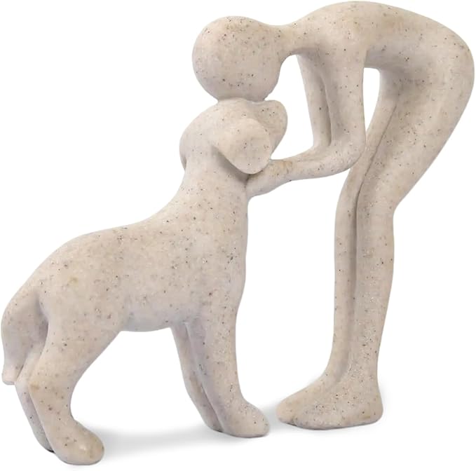 Abstract Resin Hand-Painted Sculpture of Person and Dog Bonding – Head-to-Head Intimate Figurine Decoration for Office、Living Room、Bedroom、Home， Memory Gifts for Pet Lovers (Sandstone)