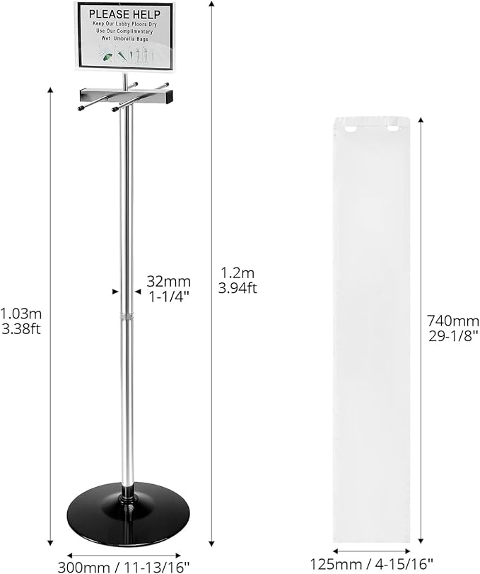QWORK Umbrella Bag Dispenser Stand, Stainless Steel Dual-Side Holder, 8x11 Sign Frame, 6 lb Freestanding Black Base, Includes 200 Long Umbrella Bags for Lobby Entryway