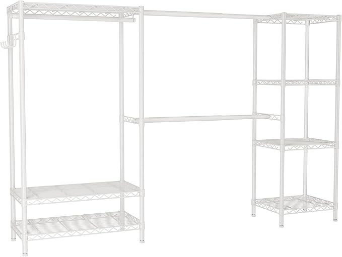 Heavy Duty Garment Rack Clothes Rack,Large Metal Closet Organizer System Storage Wardrobe,Freestanding Clothing Rack with 9 Adjustable Wire Shelves&3 Hang Rods,MaxLoad 1500lbs White