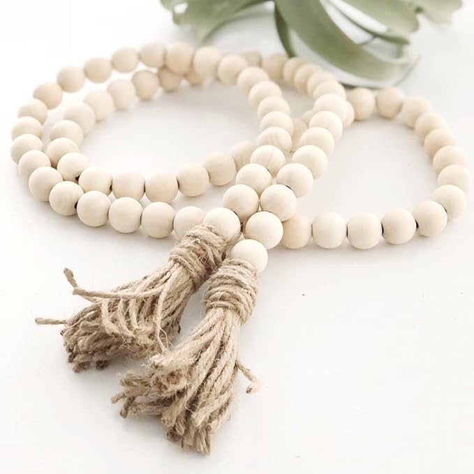 58 Inch Wood Bead Garland with Tassels, Rustic Farmhouse Beads Wall Hanging Prayer Beads