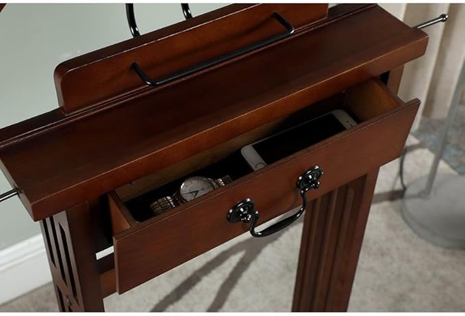 Wooden Wardrobe Valet Stand with Drawer Hanger Elegant Clothes Organizer with Trouser Bar Belt Hooks Shoe Rack and Storage Tray for Bedroom Closet, Dark Walnut