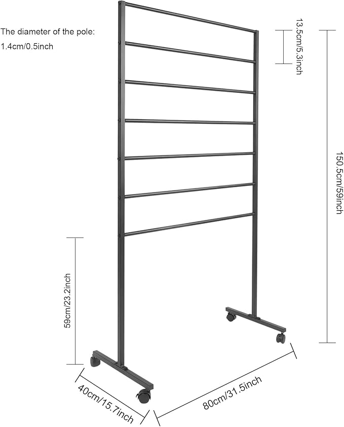 Scarf Organizer, 7-Tier Metal Scarf Display Stand with Wheels, Freestanding Scarf Display Rack, Retail Store Towel Rack, Ties Belt Pants Hanging Rack, for Boutique Display, Home (Black-7 Rods)