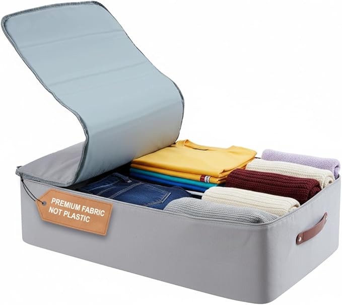 Under Bed Storage Container – Foldable Underbed Storage Bin for Clothes & Bedding, Premium Canvas Storage Box with Lid, Low Profile 8″ Organizer with Handles