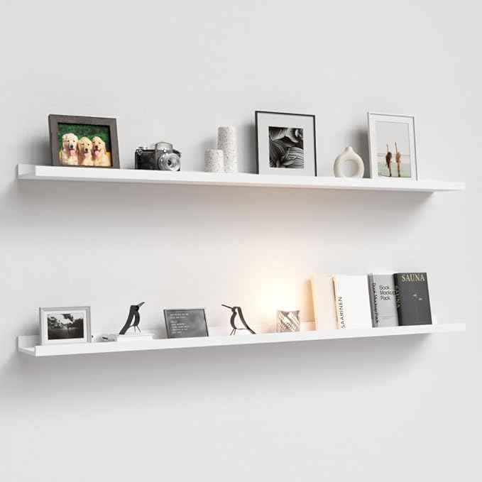 Boswillon 55.1 Inches Long Floating Shelves, 2 Set Rustic Wall Shelf for Bedroom, Nursery Book Shelf with Lip, Picture Ledge Shelf for Living Room, Bathroom, Kitchen - White