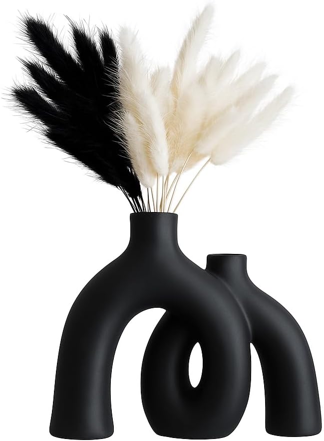 Matte Black Ceramic Vase Set - Modern Hug Donut Ceramic Vases by JAS & JAX GOODS, Minimalistic Nordic Home Decor Centerpiece for Console Tables, Living Room, Bookshelf, or Fireplace Mantel