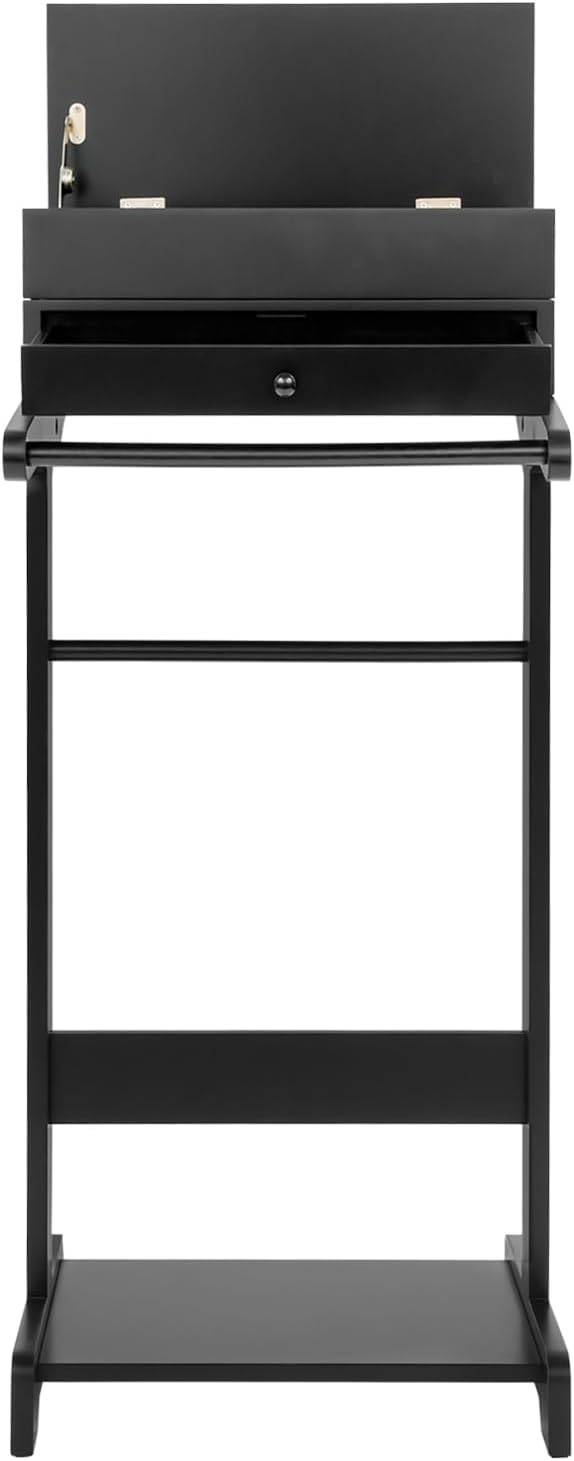 Suit Valet Stand, Solid Wood Valet Stand with Drawer & Top Compartment, Contour Hanger & Shoe Shelf & Trouser Bar, FreeStanding Suit Hanger Shoe Rack For Guest Rooms Hotel