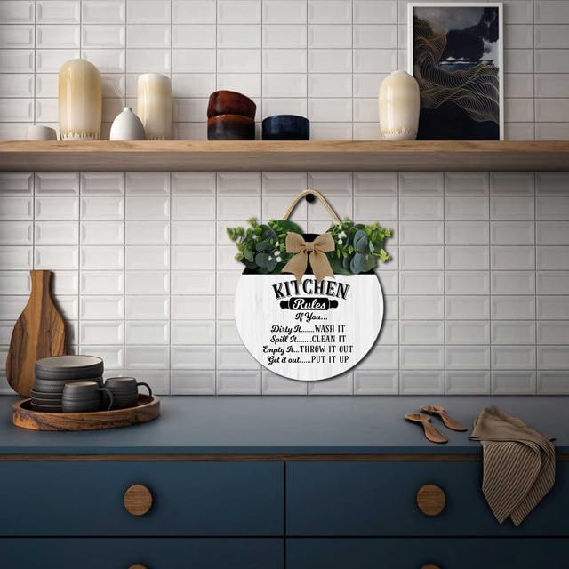 Kitchen Wall Art Decor,Kitchen Rules Rustic Round Wooden Sign,For Home, Office, Store Or Restaurant