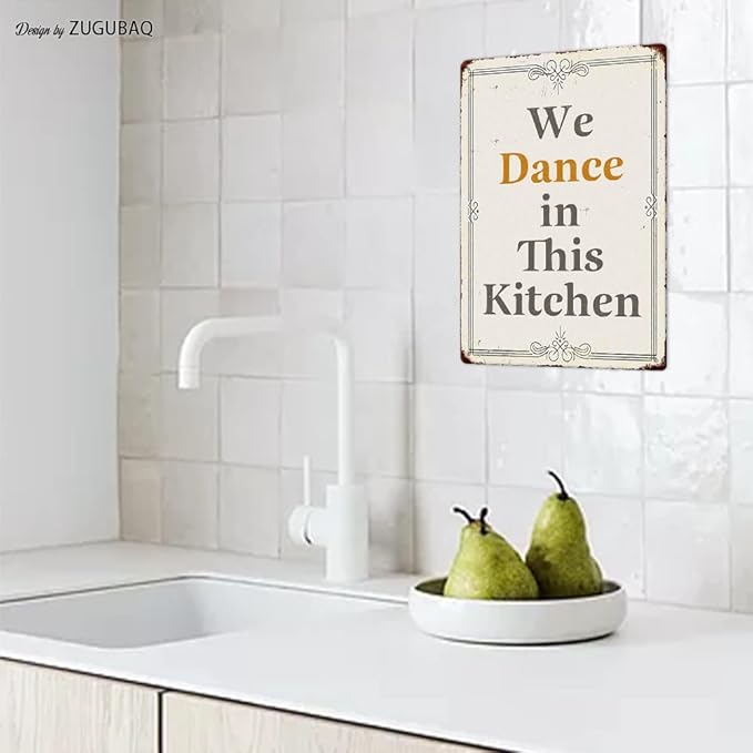 Funny Farmhouse Kitchen Signs - Personalized Metal Sign - Retro Counter Accessory - 12x8 Inch Hanging Plaque - We Dance In This Kitchen
