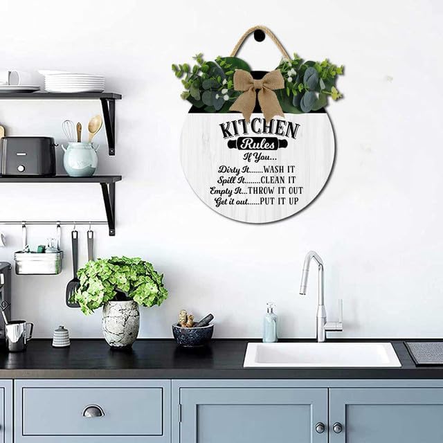 Kitchen Wall Art Decor,Kitchen Rules Rustic Round Wooden Sign,For Home, Office, Store Or Restaurant