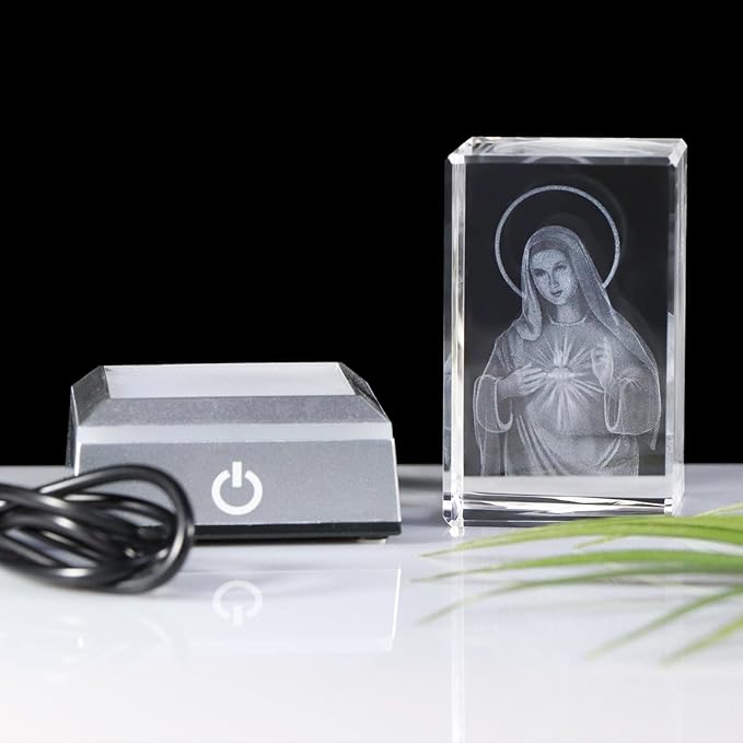 YWHL 3D Crystal Virgin Mary with Colorful Light Base, Laser Engrave Blessed Mother Religious Gifts for Women, Christian Gifts for Friend, Our Lady of Guadalupe