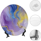 Marble Texture Theme Decorative Ceramic Plate Round Porcelain Plate,10 inch,Abstract Pattern,for Decorative Ornaments Giving Plates,1 Plate with 1 Display Stand,Purple Gold