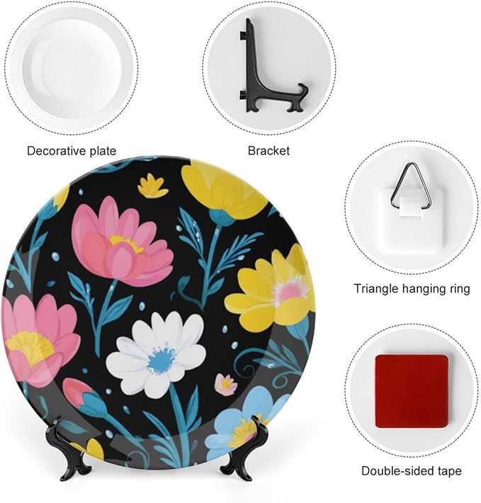 Flowers Theme Decorative Ceramic Plate Round Porcelain Plate,7 inch,Nature Pattern,for Decorative Ornaments Giving Plates,1 Plate with 1 Display Stand,Pink Yellow