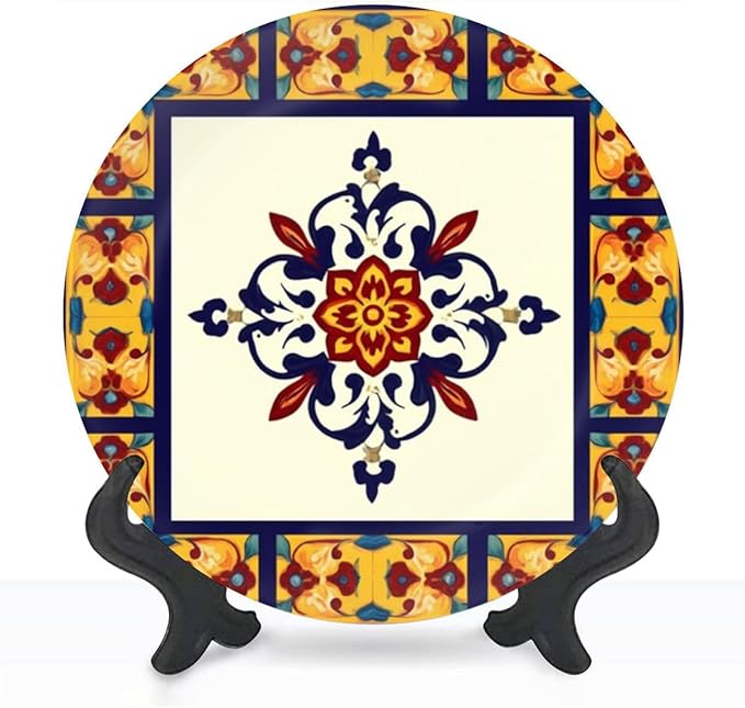 Decorative Plates for Display 10" Talavera Mexican Tile Floral Medallion Ceramic Ornament with Display Stand and Hook Up for Wall Decor Hanging Festival Wedding Gift