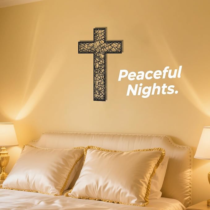 Black Metal Cross Wall Decor Iron Christian Cross for Home Church, Hollow Out Artistic Hanging Ornament, Crosses Wall Decor for Living Room, Bedroom, Decorative Thankful Religious Gift, 18.5x12.3 Inch