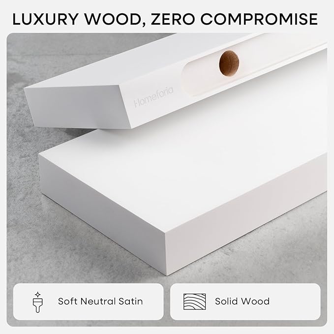 Homeforia White Floating Shelf 48 inches, High End Solid Real Wood 48inch Long Floating Shelves for Wall Mounted, White Wooden 48in Floating Shelves, Heavy Duty Bracket, 48 X 6.5 X 1.75 inch, Set of 2