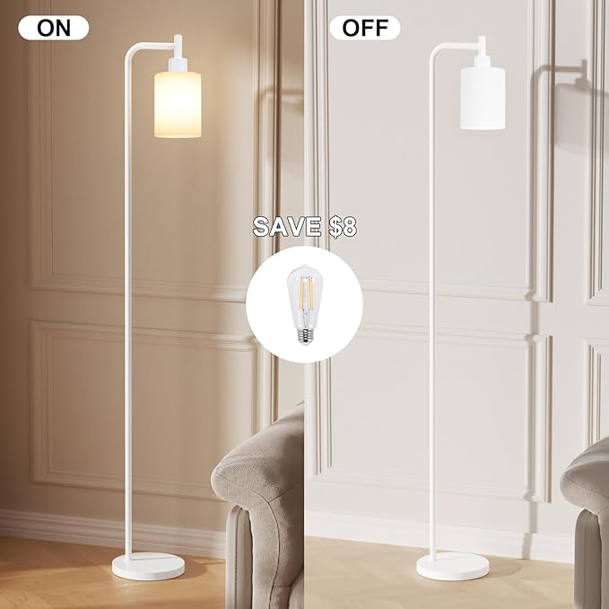 Ziisee Floor Lamps for Living Room - Industrial Standing Lamp with Glass Shade, Modern White Floor Lamp with LED Bulbs, Farmhouse Floor Lamp for Bedroom, Tall Lamp for Office - White