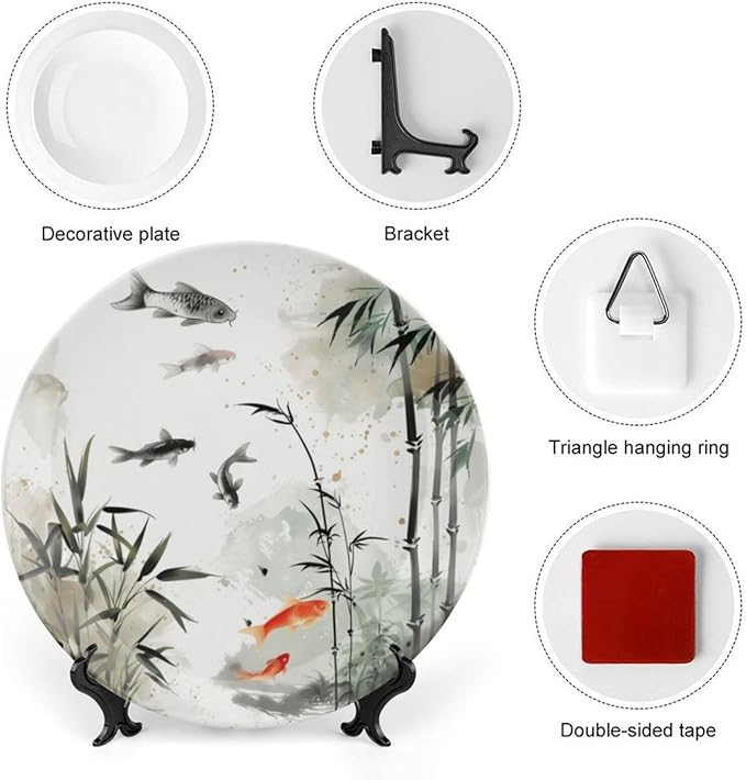 Ink Painting Theme Decorative Ceramic Plate Round Porcelain Plate,Tree and Fish Pattern,for Decorative Ornaments Giving Plates, 1 Plate with 1 Display Stand,Black White red,10 inch