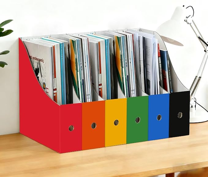 Limitliho Magazine File Folder Holder for Desk, Book Bins for Classroom Library,Office,Home, 10.6" H x 10.2" L x 3.5" W in Cardboard Paper Organizer (Red, 2 Pack)
