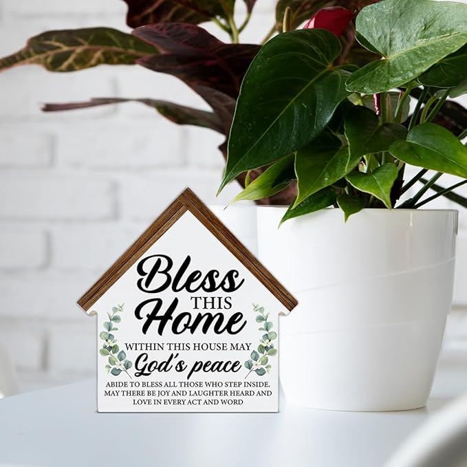 Housewarming Gifts, Christian Home Decor, Gifts for New Home Owner, Bless this Home House Shaped Wooden Block Sign Living Room Decor for Desk Table Shelf