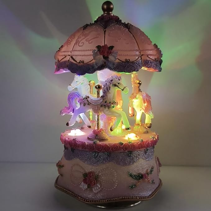 Briskfeel Classical Carousel Horse Music Box, Plays You are my Sunshine, LED lights Twinkling Resin Carved Collectible Mechanical Musical Box with 18-Note (3# Pink Carousel)