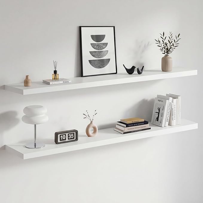 Homeforia Floating White Shelf 60 inches, High End Solid Real Wood 60inch Long Floating Shelves for Wall Mounted, White Wooden 60in Floating Shelves, Heavy Duty Bracket, 60 X 6.5 X 1.75 inch, Set of 3