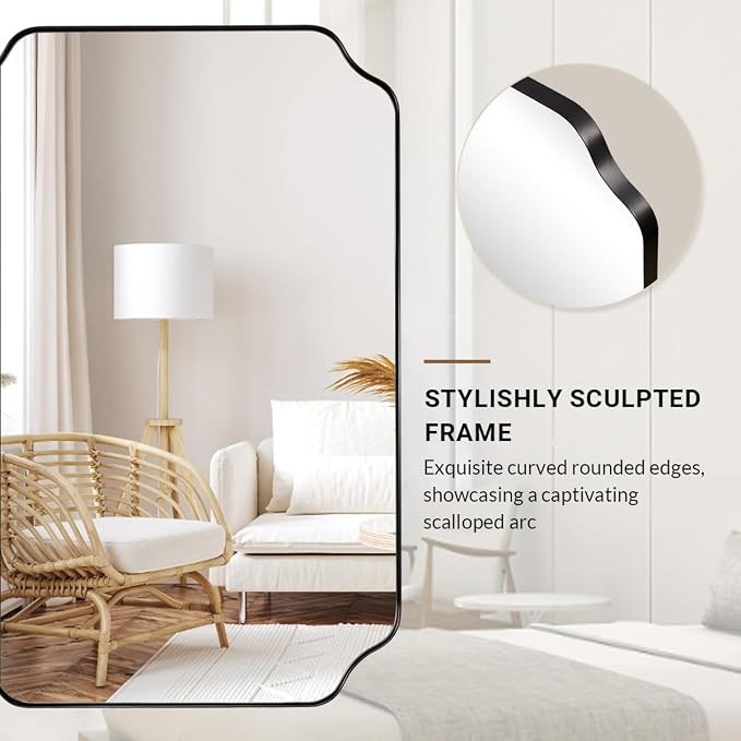 ANDY STAR Bathroom Vanity Mirror, 24x36 Inch Matte Black Mirror, Modern Rectangle Mirrors for Bathroom, Asymmetrical Wall Mirror with Scalloped Round Corner