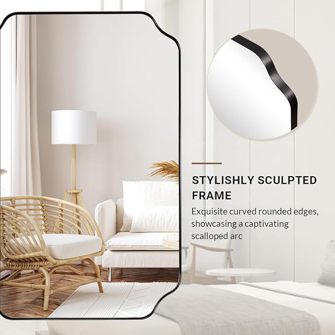 ANDY STAR 36x48 Inch Large Mirror, Matte Black Rectangle Mirror for Wall, Bathroom Mirror in Premium Stainless Steel Metal Thin Frame Deep 1’’, Unique Rounded Scalloped Edge, Vertically/Horizontally