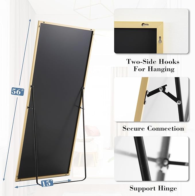DUMOS 56"x15" Full Length Mirror, Full Body Mirror with Aluminum Alloy Thin Frame, Standing Mirrors with Leaning or Hanging, Suitable for Bedroom, Livingroom, Cloakroom, Gold
