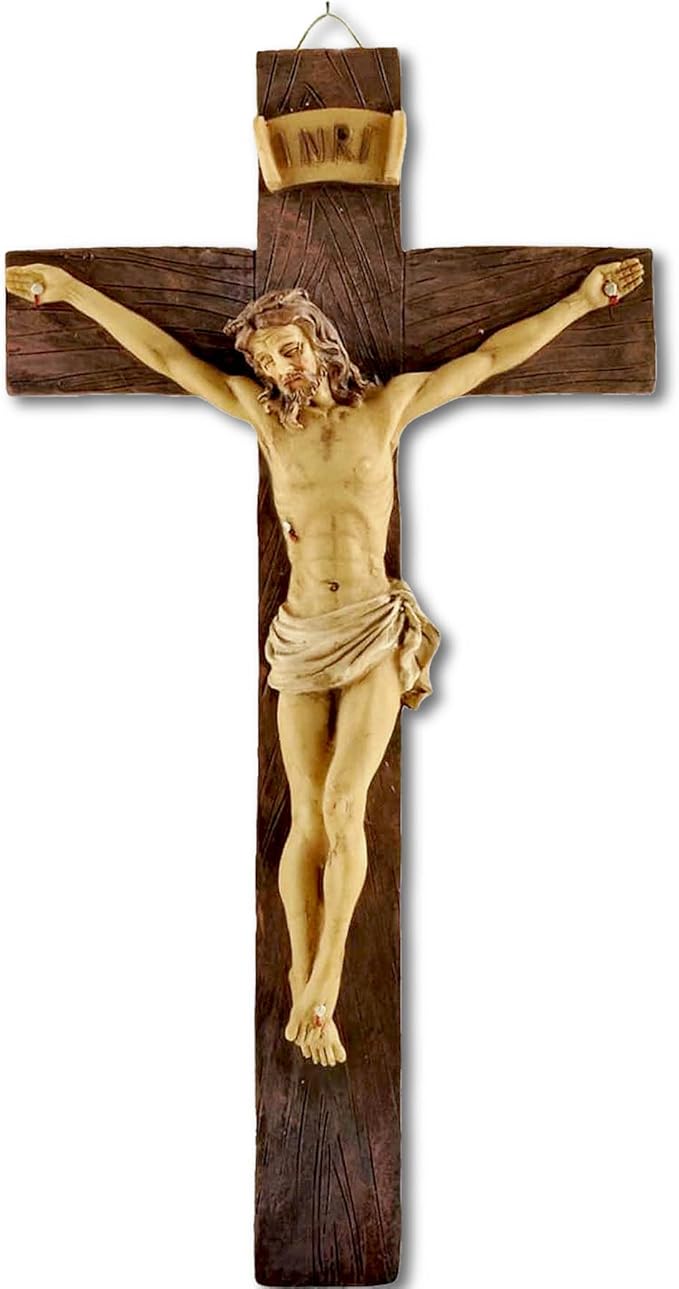 PlentifulHome 9” Resin Crucifix Wall Cross – Catholic Cross for Wall Decor, Jesus Christ Figurine, Inspirational Christian Religious Hanging for Home, Church & Spiritual Gifts