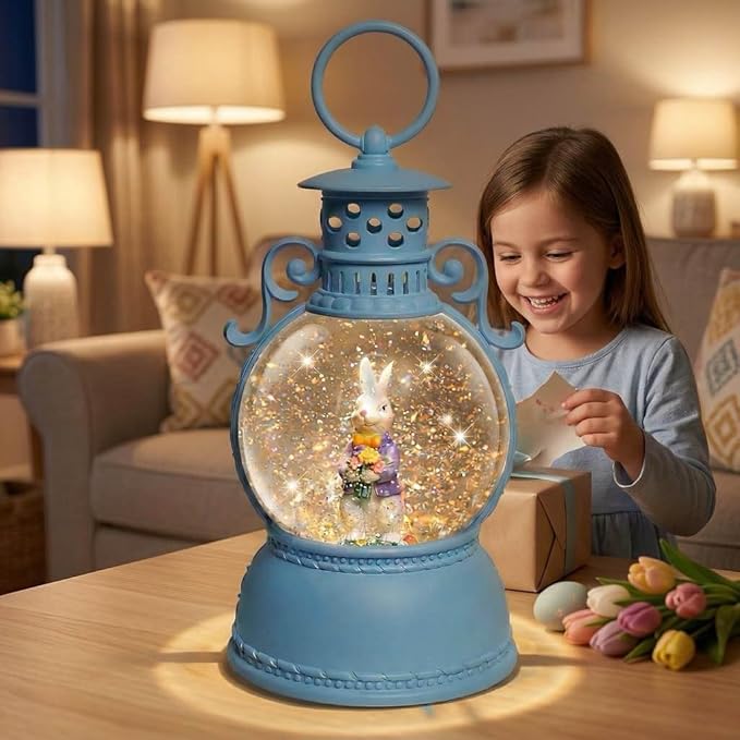 Easter Snow Globe Lantern, 9.4" Bunny Couple Lighted Snow Lantern with 6-Hour Timer, Battery or USB Powered, Spring Easter Decorations for Home, Easter Bunny Gift & Blue Easter Decor