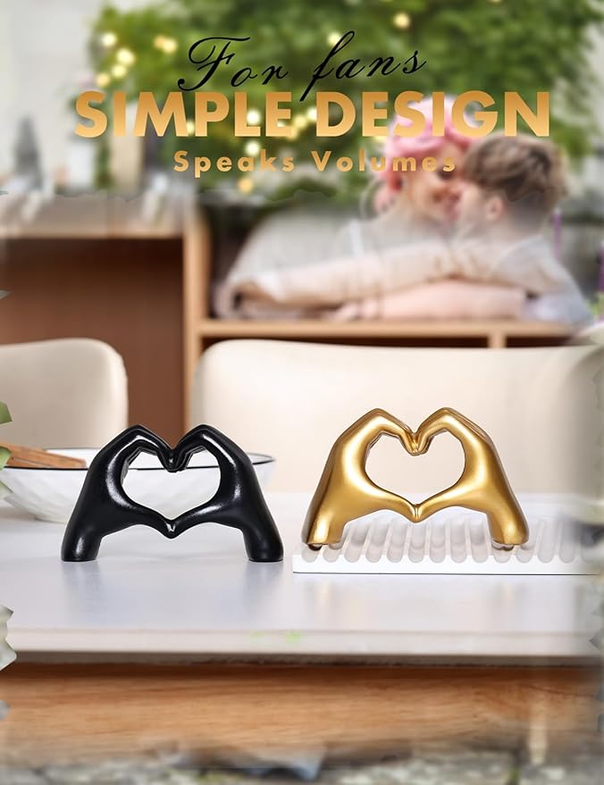 Modern Gold Heart Hands Sculpture, Decorative Table Art, Love Symbol Home Decor (Black)