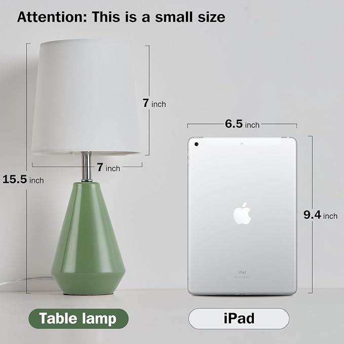 Small Bedside Table Lamp for Bedroom-Reading Desk Lamp Set of 2,with 3 Color Temperatures,15.5" Nightstand Ceramic Lamp with Fabric Shade for Kids Room,Living Room,Dorm,Home Office (Green+White )