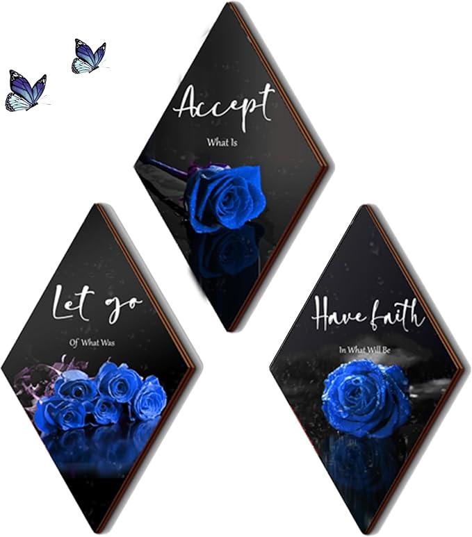 ZINYAZHE 3 Pcs Blue Bathroom Decor Rose Bedroom Wall Decor Farmhouse Inspirational Wood Office Wall Art with Accept Let Go Have Faith Sign for Girl Women Living Room(Blue Rose 12 x 7 Inch)