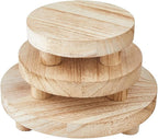 SUPERFINDINGS 3 Sizes Wooden Display Risers Wood Pedestal Stand Wood Round Flat Tray Rustic Display Riser for Home Bathroom Kitchen Counter Décor and Organize, 20/15.2/12.6cm