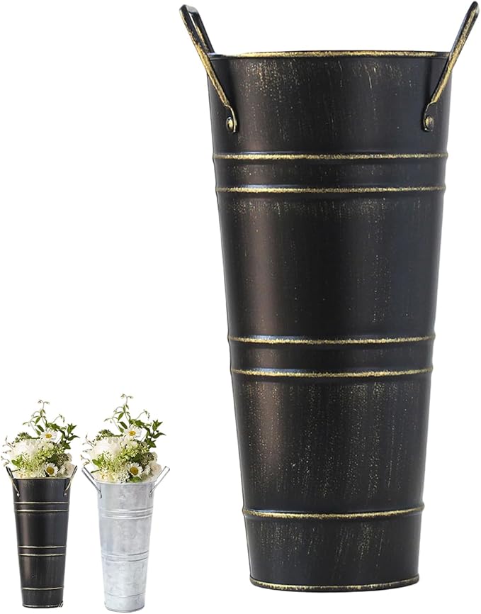 Umbrella Stand Holder Metal Umbrella Bucket Freestanding Umbrella Rack Barrel Canes Walking Sticks Clubs Organizer Rustic Floral Bucket Floor Vase for Entryway Porch Indoor (Black)