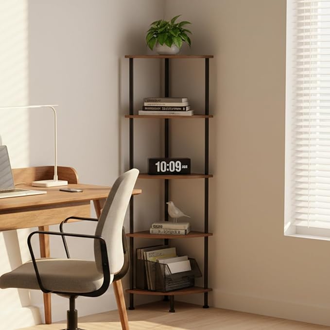 5-Tier Corner Shelf Stand, 52" Industrial Corner Display Rack for Living Room, Bookshelf, Tall Display Shelf, Plant Stand, Storage Standing Shelf for Bedroom, Bathroom, Kitchen, Brown