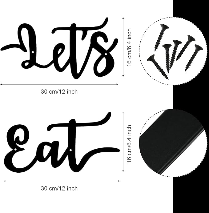 Hotop 2 Pieces Let's Eat Metal Sign, Rustic Black Cutout Eat Kitchen Decor, Kitchen Hanging Wall Plaque Farmhouse Wall Sign for Home Kitchen Dining Living Room Decoration
