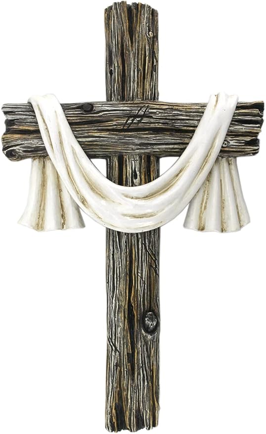 Comfy Hour 13" Rustic Brown Wall Cross Decor, Christian Farmhouse Wall Art with White Cloth, Wooden Look Religious Cross Plaque for Living Room, Bedroom, Entryway, Resin Sculpture Home & Communion Decor