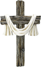 Comfy Hour 13" Rustic Brown Wall Cross Decor, Christian Farmhouse Wall Art with White Cloth, Wooden Look Religious Cross Plaque for Living Room, Bedroom, Entryway, Resin Sculpture Home & Communion Decor