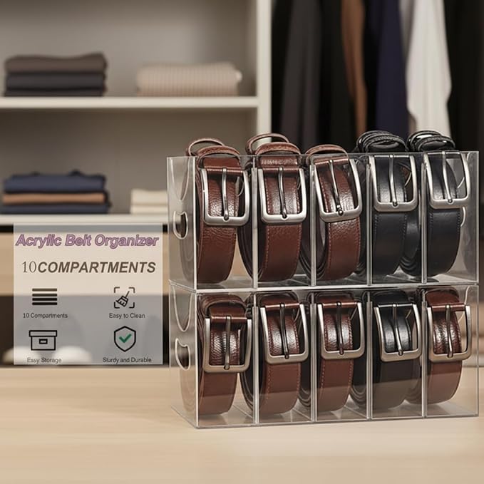 4-Pack Belt storage Organizer for Closet with Removable Dividers - 5 Compartments & Handles Drawer organization and storage for underwear, Socks, and Bow Ties Acrylic Belt Organizers (4)