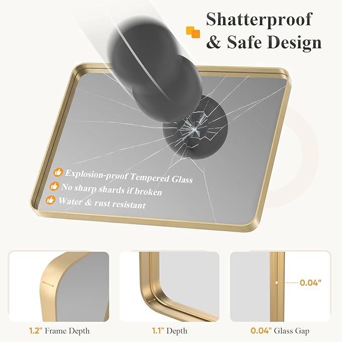 Sweetcrispy Bathroom Wall Mirror, 40x30 Inch Wall Mount Mirror for Over Sink, Modern Rounded Rectangle Vanity Mirrors with Matte Metal Framed, for Home Decor, Living Room, Bedroom, Gold