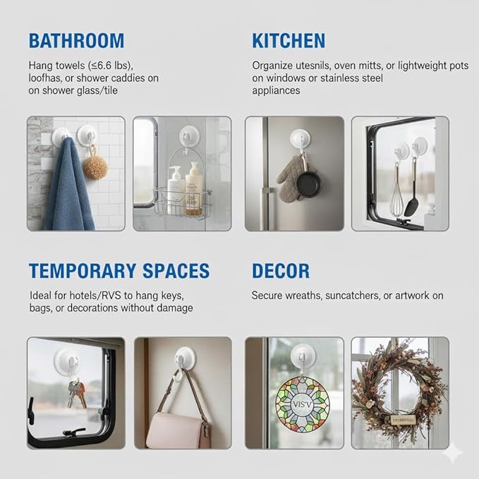 Powerful Suction Cup Hooks, 2-Pack Vacuum Wreath Hanger for Glass Door & Window, 20 lbs Large Waterproof Towel Hooks for Bathroom Shower, Removable No-Drill Utility Hooks, Cream