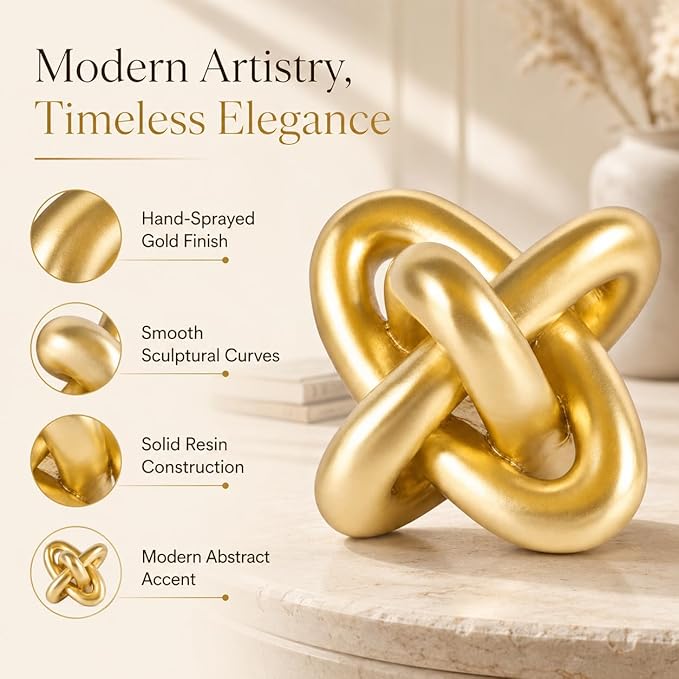 XMGZQ Gold Knot Decor for Coffee Table Book,Chain Link Living Room Decor Item for Bookshelf Entryway Nightstand TV Stand,Minimalist Knot Sculpture for Home Living Room,Centerpiece Table Decorations