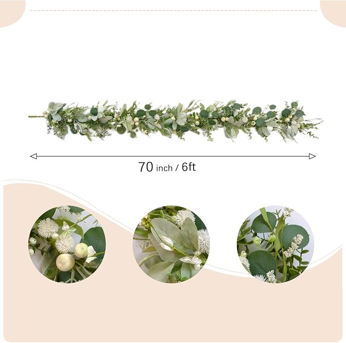 70-inch Summer Garland Green Eucalyptus Leaves with White Fruits Thorns Garland Spring Summer Vine for Front Door Fireplace Dining Table Home Decor, Wedding Arch Party Festival Decor